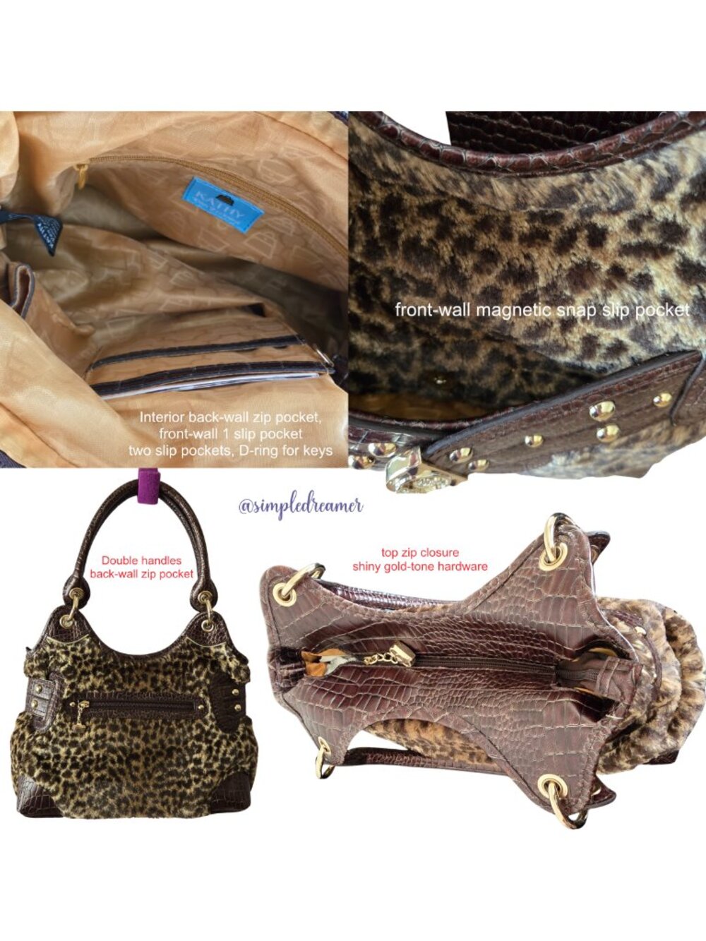 Kathy Van Zeeland Leopard Faux Fur Shopper Shoulder Bag Studded NWT - Picture 4 of 5